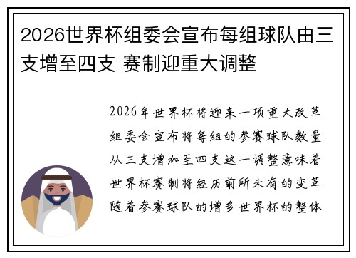 2026世界杯组委会宣布每组球队由三支增至四支 赛制迎重大调整