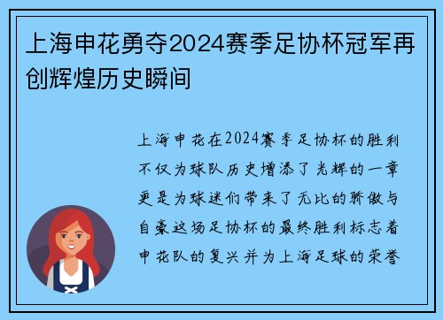 上海申花勇夺2024赛季足协杯冠军再创辉煌历史瞬间