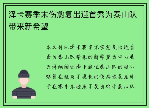 泽卡赛季末伤愈复出迎首秀为泰山队带来新希望