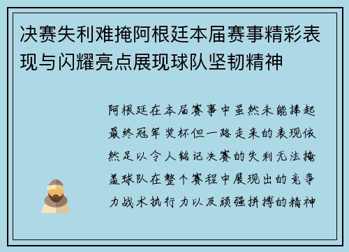 决赛失利难掩阿根廷本届赛事精彩表现与闪耀亮点展现球队坚韧精神